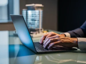 Senior developer's hands resting beside a glowing laptop on a glass desk, with a modern architectural model softly blurred in the background.
