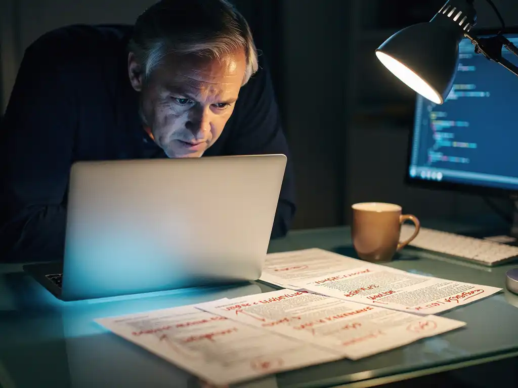 Senior developer reviewing printed code sheets with red ink annotations at a glass desk, laptop glowing under warm amber lamp light.