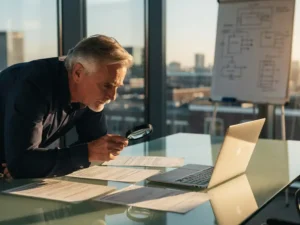 Senior engineer examining printed code review sheets with a magnifying glass at a glass desk, laptop open, Amsterdam high-rise office bathed in golden afternoon light.