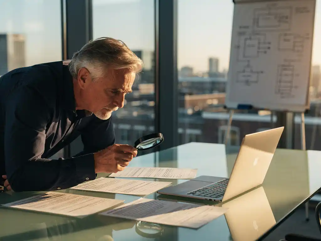 Senior engineer examining printed code review sheets with a magnifying glass at a glass desk, laptop open, Amsterdam high-rise office bathed in golden afternoon light.