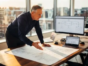 Senior engineer reviewing architectural diagrams and data pipeline visualizations on laptops at an oak desk in a sunlit Amsterdam office.