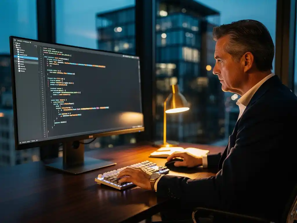 Senior engineering manager reviewing AI-generated code on a large monitor at a dark desk with mechanical keyboard, Amsterdam high-rise office in background.