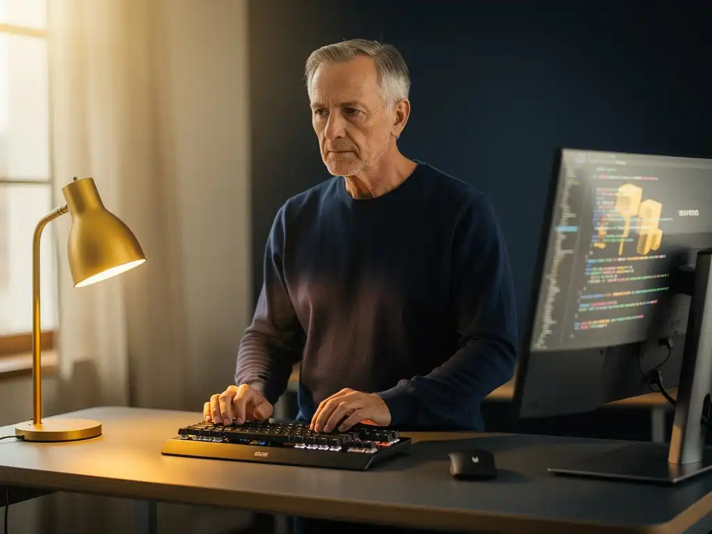 Senior software engineer pausing at a minimalist standing desk with mechanical keyboard, warm amber lamp, and monitor displaying code in the background.
