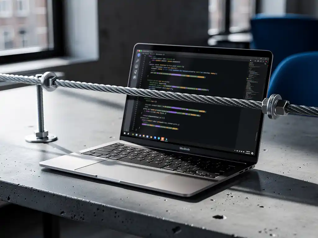 Steel cable stretched between anchor bolts above an open laptop showing code on a concrete desk in a modern Amsterdam office.