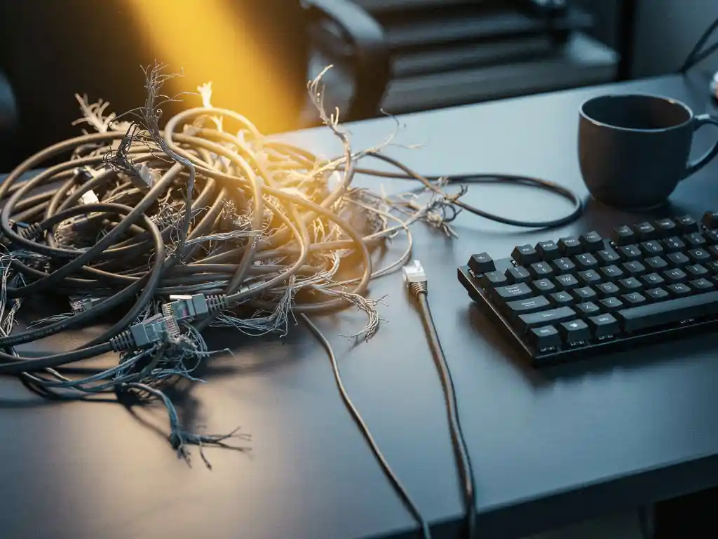 Tangled ethernet cables and frayed wires cluttering a developer's desk beside a single organized cable, matte black keyboard, and empty coffee cup.