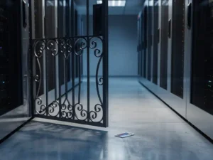 Wrought-iron gate standing half-open in a modern server room corridor, keycard on the floor threshold, cool blue ambient light on polished concrete.