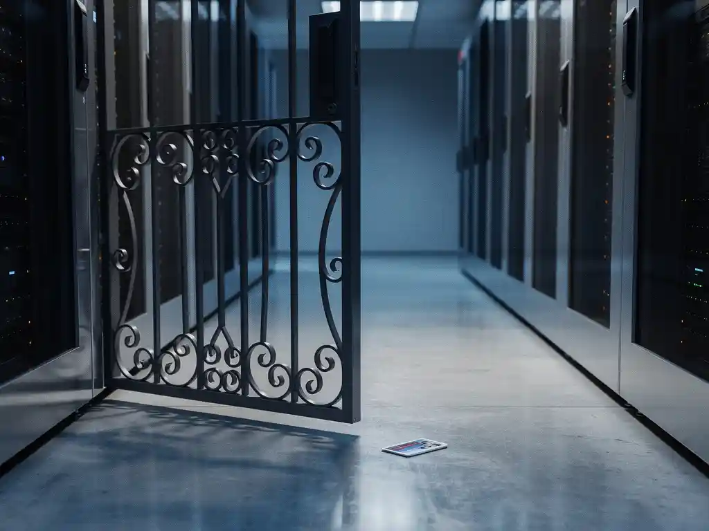 Wrought-iron gate standing half-open in a modern server room corridor, keycard on the floor threshold, cool blue ambient light on polished concrete.