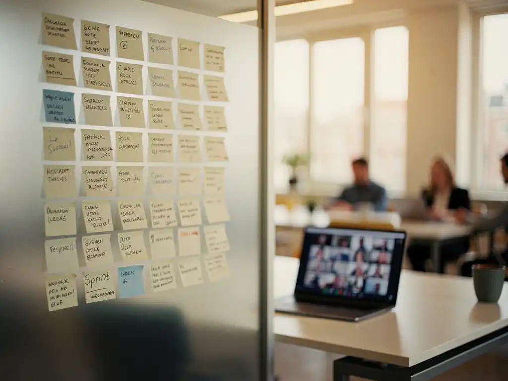 Handwritten sprint task cards and sticky notes pinned to frosted glass partition beside an open laptop showing a remote team video call in a modern Amsterdam office.
