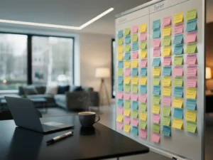 Color-coded sticky notes arranged in two sprint columns on a whiteboard in a modern Amsterdam office, with a laptop and steaming coffee nearby.