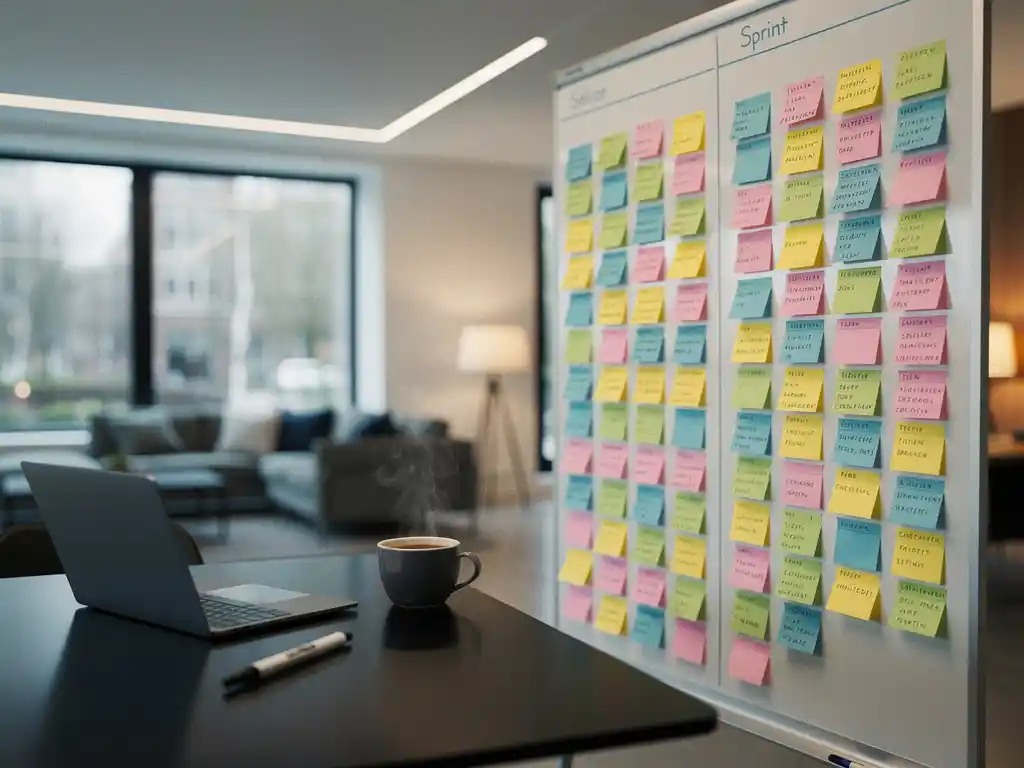 Color-coded sticky notes arranged in two sprint columns on a whiteboard in a modern Amsterdam office, with a laptop and steaming coffee nearby.