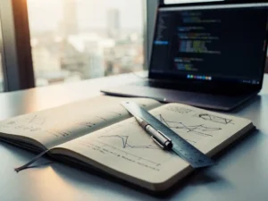 Developer's notebook with hand-drawn sprint velocity charts and iteration graphs, ruler and mechanical pencil resting on pages, laptop with code in Amsterdam office.