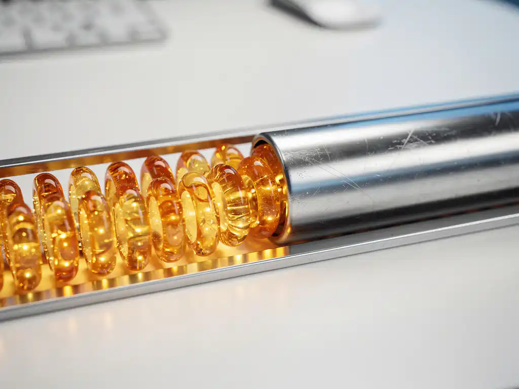 Glowing amber code capsules merging into a silver pipeline on a brushed metal desk, symbolizing automated data consolidation.