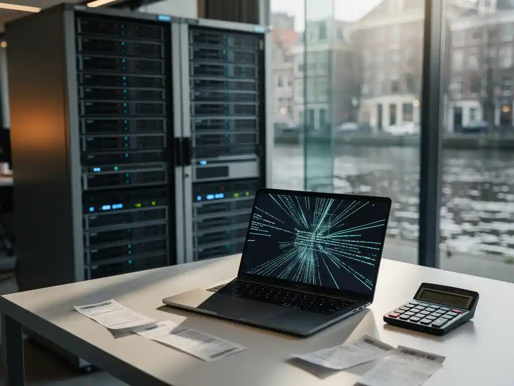 Enterprise servers in Amsterdam office with open laptop displaying code, calculator, and receipts for cloud cost analysis.