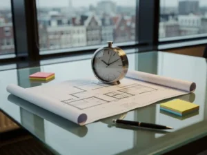 Unfinished architectural blueprint on a glass desk with a stopped mechanical clock, sticky notes, and uncapped pen in a modern Amsterdam office.