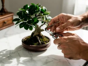 Craftsman's hands pruning a bonsai tree on white marble, removing a dry branch while healthy emerald foliage remains in soft natural light.
