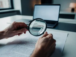 Developer's hands using a magnifying glass to examine printed code with red ink annotations on a minimalist desk.