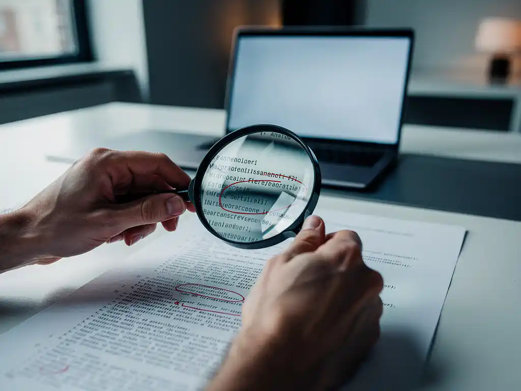 Developer's hands using a magnifying glass to examine printed code with red ink annotations on a minimalist desk.