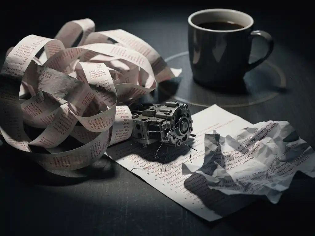Tangled red-marked code printouts spilling across a dark desk beside a crumpled sheet, cold coffee mug, and cracked mechanical component.
