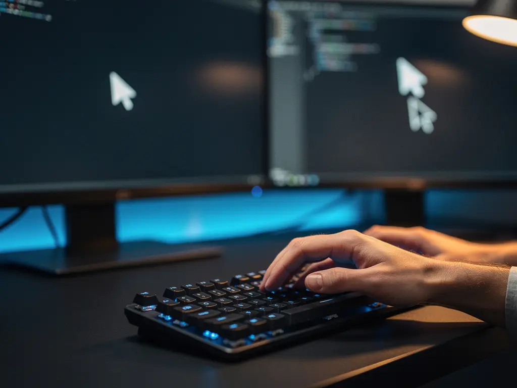 Developer's hands typing on a mechanical keyboard while an autonomous cursor moves across dual monitors, visualizing AI-assisted coding.