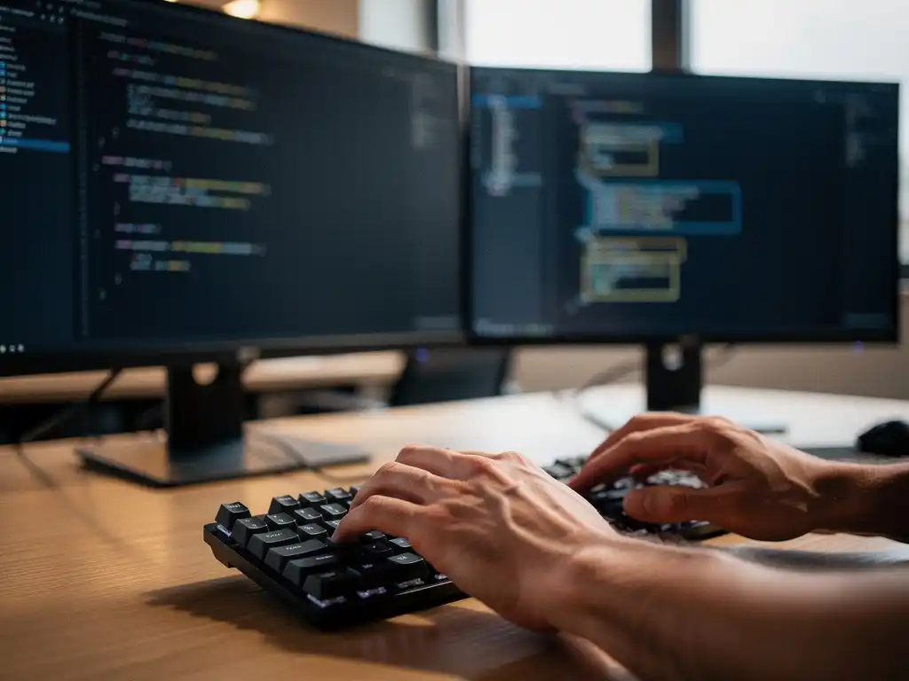 Developer's hands on a mechanical keyboard with dual monitors displaying AI-assisted code suggestions in a modern Amsterdam office.