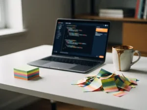 Developer's desk with organized and scattered color-coded sticky notes beside a laptop showing clean code, coffee cup nearby, lit by soft natural light.