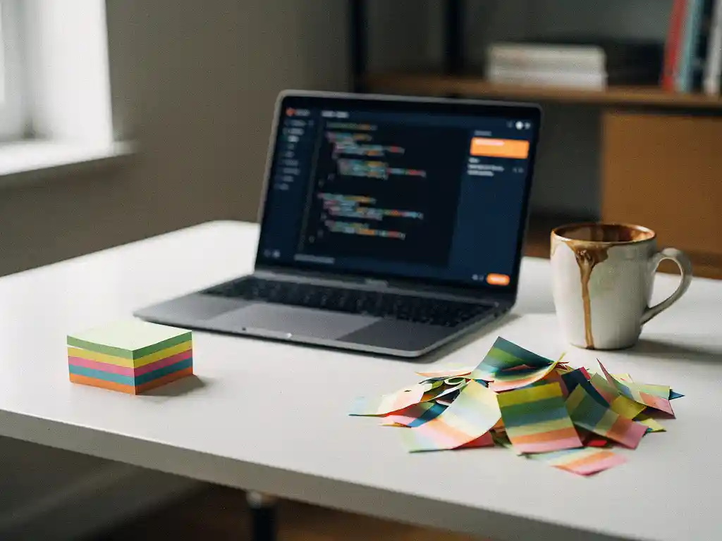Developer's desk with organized and scattered color-coded sticky notes beside a laptop showing clean code, coffee cup nearby, lit by soft natural light.