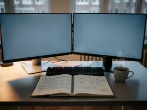 Dual-monitor developer workstation with sprint notes and iteration diagrams in open notebooks, mechanical keyboard and coffee cup, Amsterdam office with natural light.