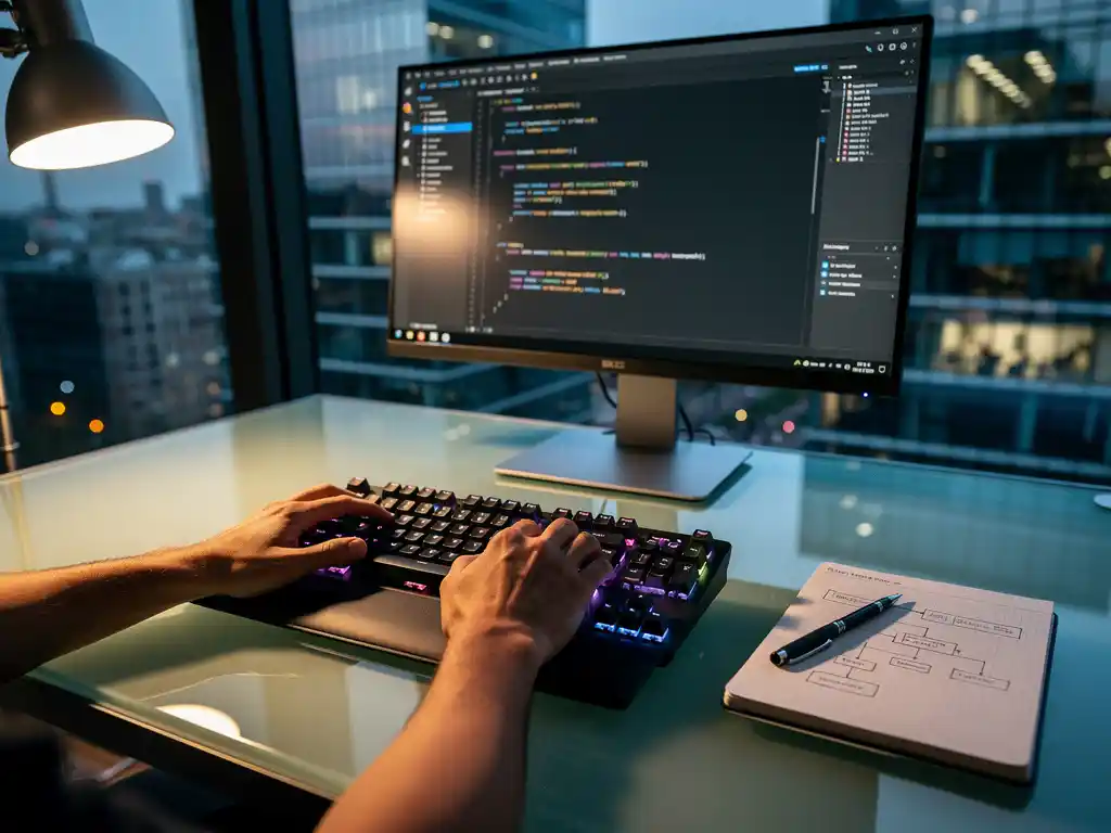 Developer's hands over a mechanical keyboard beside a logic notes notebook, code editor glowing on monitor in a modern Amsterdam high-rise office.