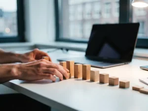 Developer's hands arranging wooden blocks in a progressive row on a white desk, with a blurred laptop in a sunlit Amsterdam office.