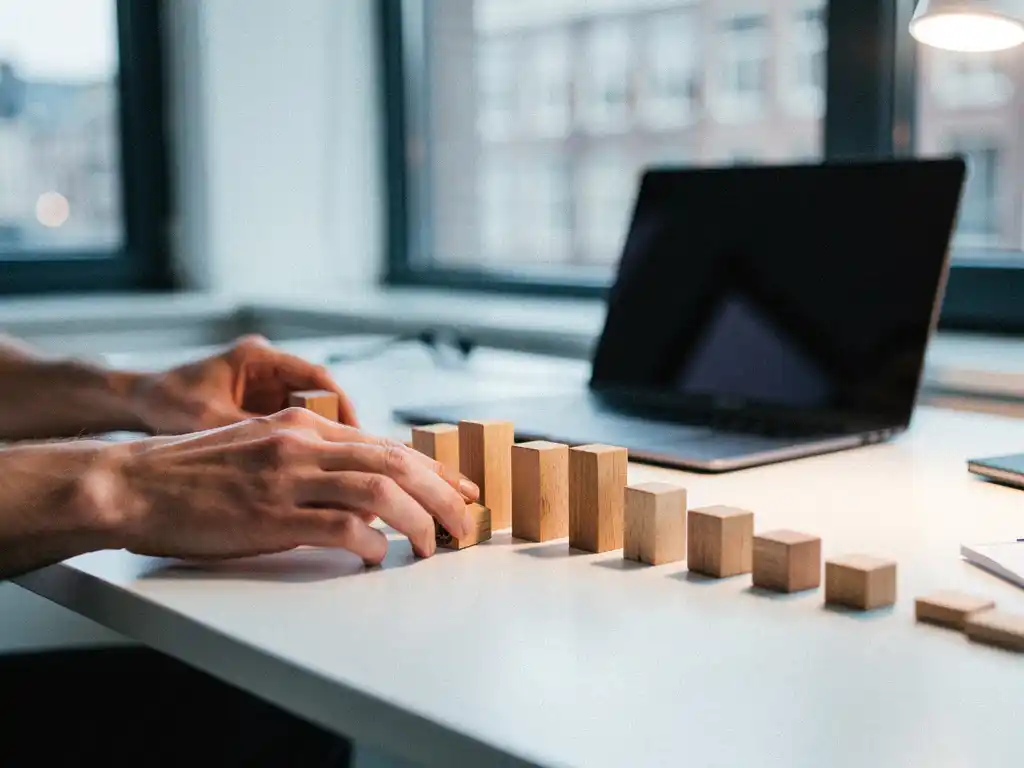 Developer's hands arranging wooden blocks in a progressive row on a white desk, with a blurred laptop in a sunlit Amsterdam office.
