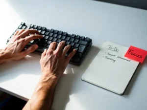 Developer's hands over a mechanical keyboard beside a red sticky note and handwritten checklist on a minimalist white desk.