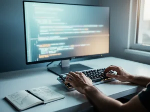 Developer hands at mechanical keyboard beside handwritten velocity metrics notebook, monitor glowing with clean code in warm amber and blue light.