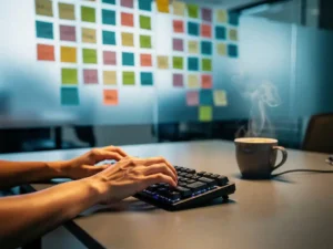 Developer typing on a mechanical keyboard at a modern desk, with color-coded sticky notes clustered on a glass wall and a steaming coffee cup nearby.