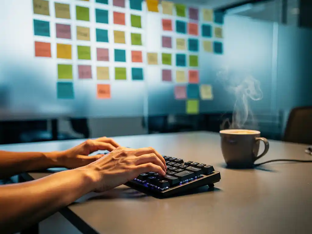Developer typing on a mechanical keyboard at a modern desk, with color-coded sticky notes clustered on a glass wall and a steaming coffee cup nearby.