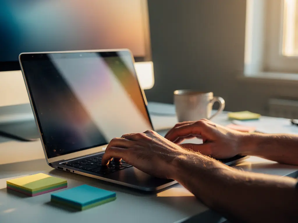 Developer's hands on a laptop keyboard surrounded by sticky notes and a coffee mug, with a glowing second monitor in warm afternoon light.