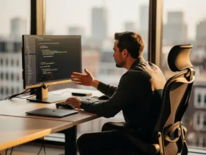 Two developers collaborating at a modern workstation, one pointing at code on a large monitor in a sunlit Amsterdam office.