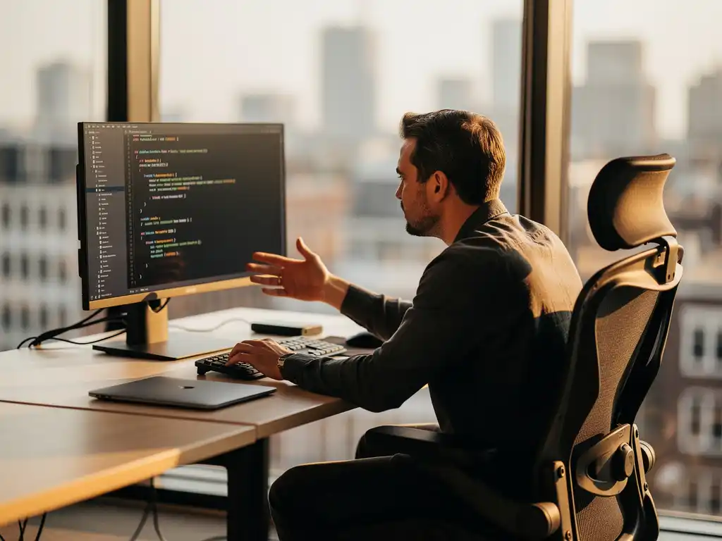 Two developers collaborating at a modern workstation, one pointing at code on a large monitor in a sunlit Amsterdam office.