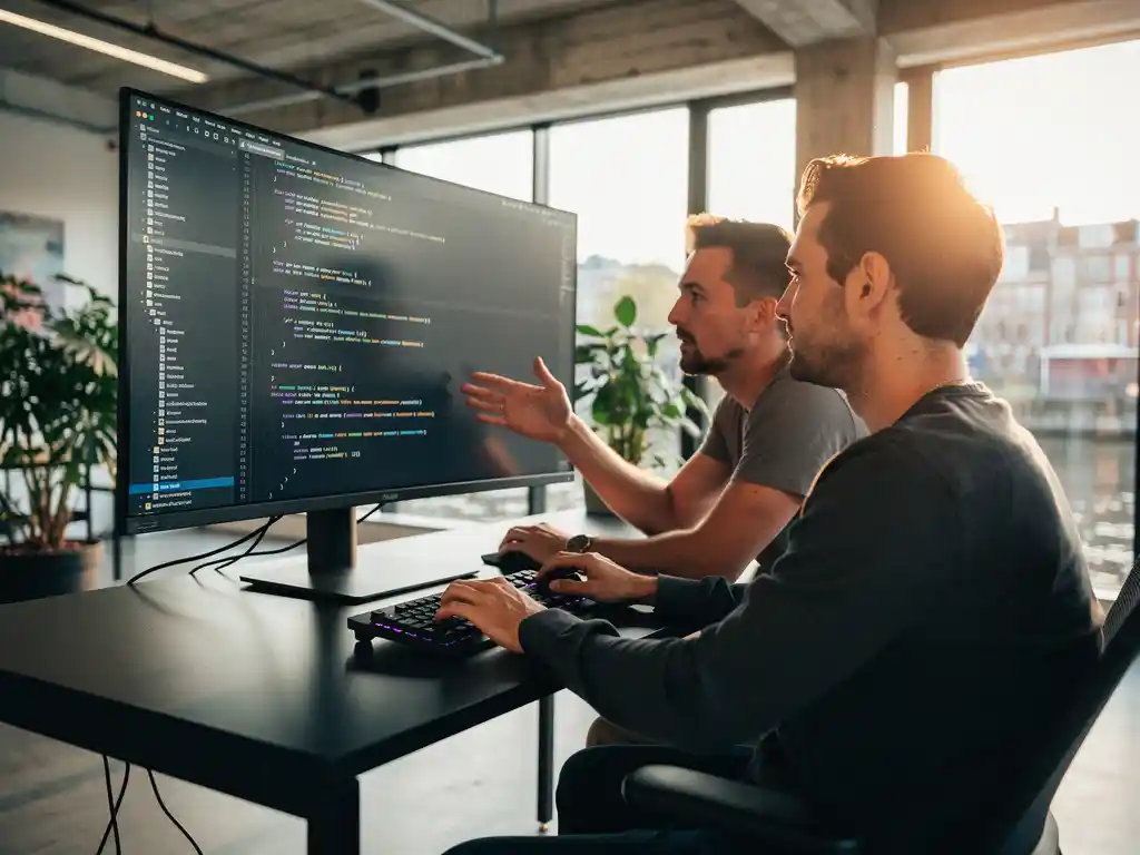 Two developers collaborating at a standing desk in an Amsterdam office, one gesturing at a monitor displaying code while the other types.