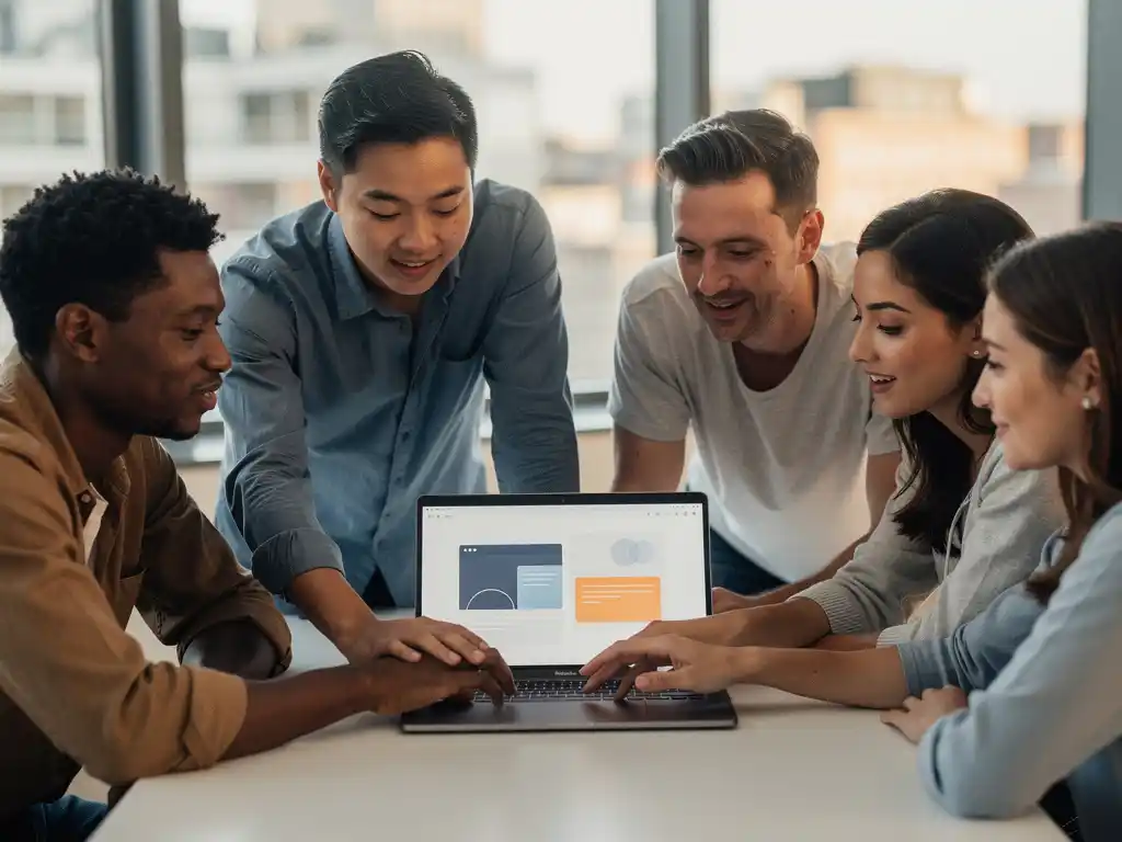 Diverse development team collaborating on a shared laptop in a sunlit Amsterdam office with floor-to-ceiling windows.