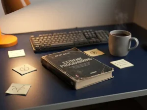 Worn copy of Kent Beck's Extreme Programming book open on a developer's desk beside a mechanical keyboard, sticky notes, and steaming coffee mug.