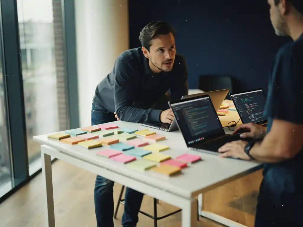 Software developer discussing project at standing desk covered in color-coded sticky notes, Amsterdam office with floor-to-ceiling windows.