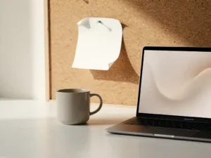 Dog-eared index card with penciled test cases and iteration cycles pinned to a corkboard beside an open laptop and coffee mug in soft morning light.