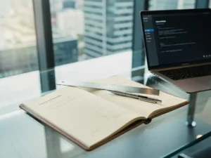 Leather-bound policy document open on a glass desk beside a laptop showing code, with architect's ruler and pencil, Amsterdam high-rise office backdrop.