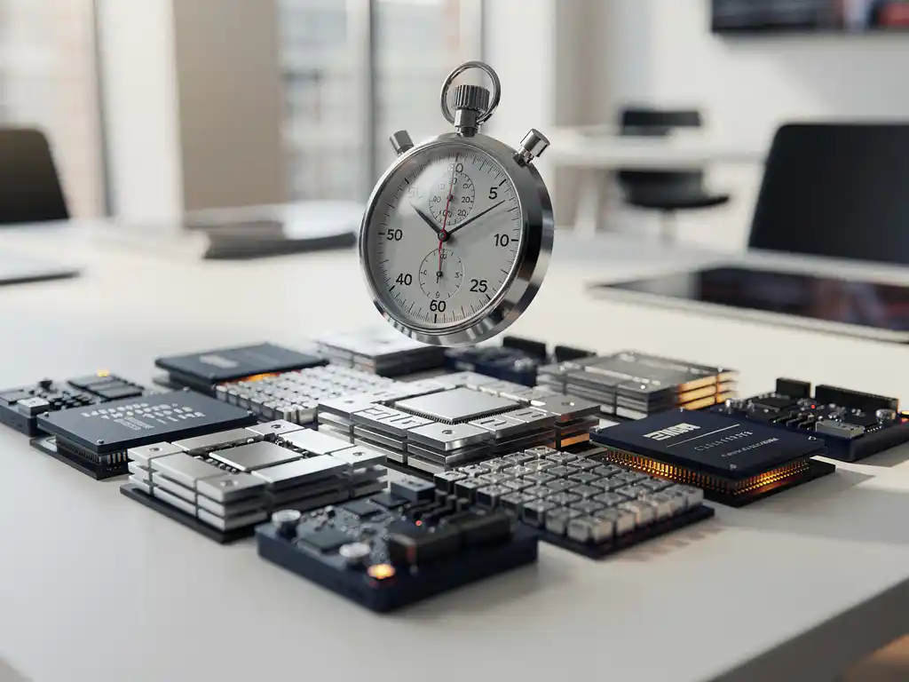 Mechanical stopwatch floating above a white desk with precisely stacked silver circuit tiles, shot in cool navy and amber tones with soft diffused light.