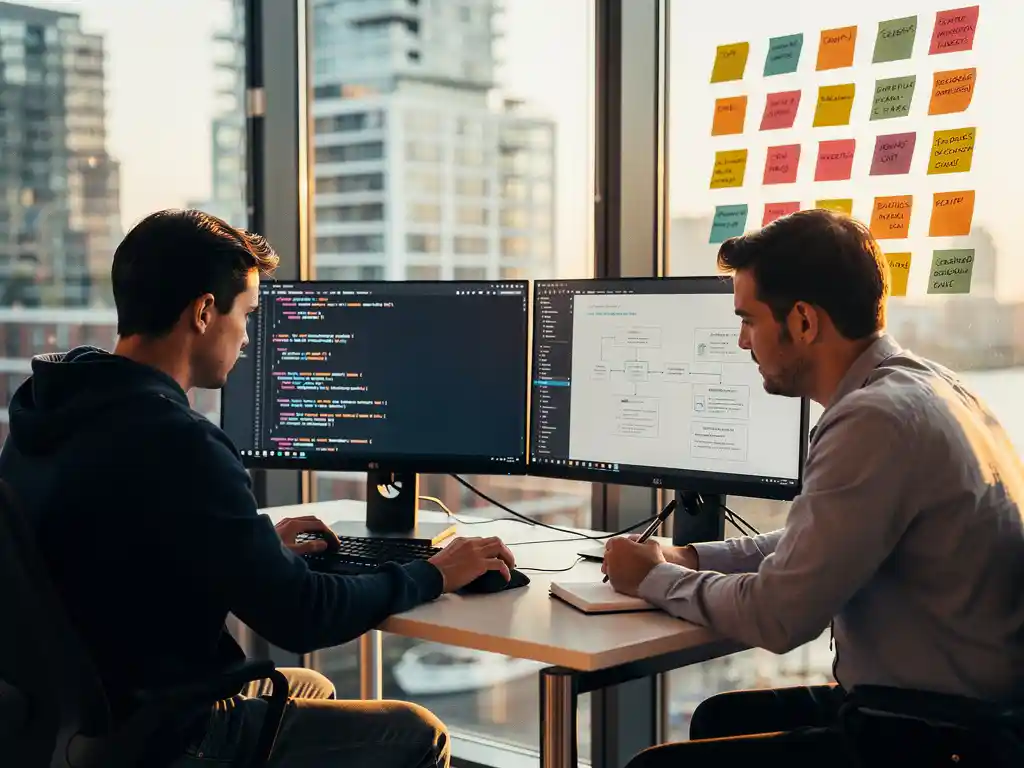 Two developers pair-programming at a dual-monitor workstation, reviewing code while sprint cards fill a glass wall behind them in a sunlit Amsterdam office.