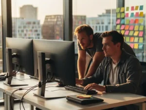 Two developers pair programming at a dual-monitor workstation in a sunlit Amsterdam high-rise office, sticky notes clustered on a glass wall behind them.