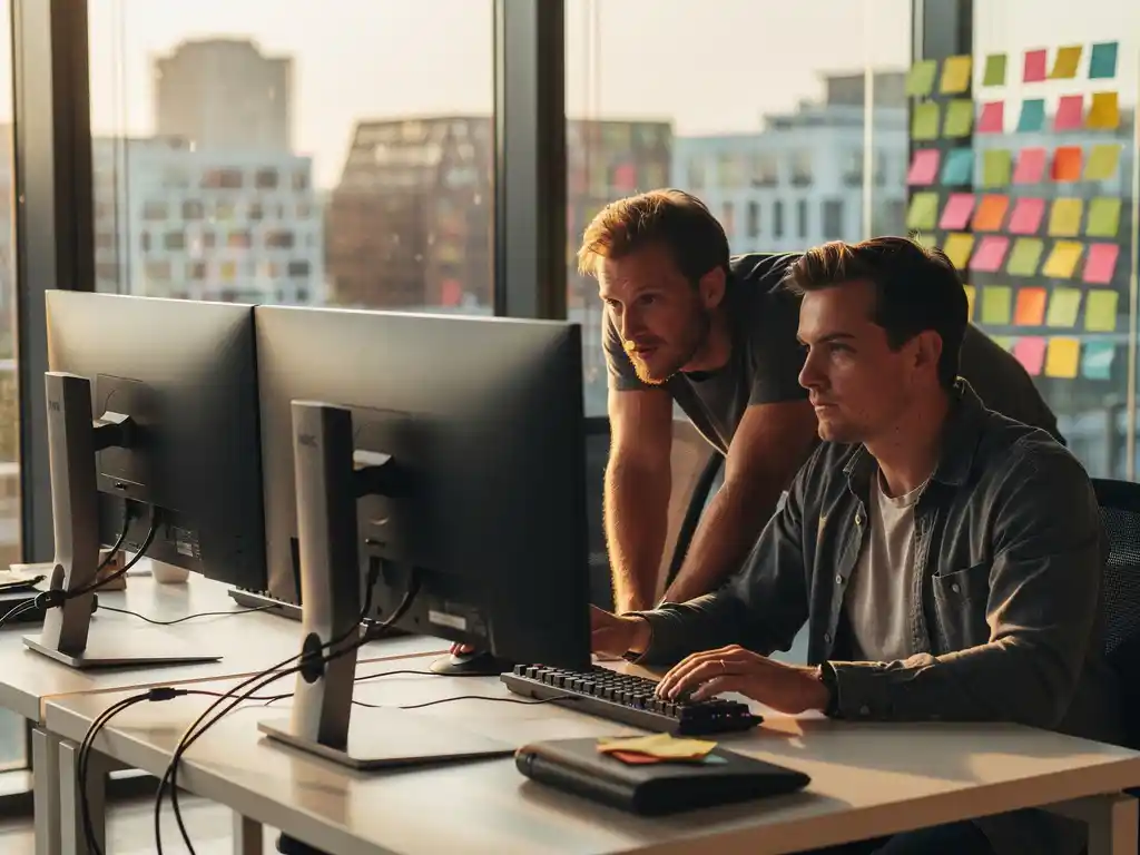 Two developers pair programming at a dual-monitor workstation in a sunlit Amsterdam high-rise office, sticky notes clustered on a glass wall behind them.