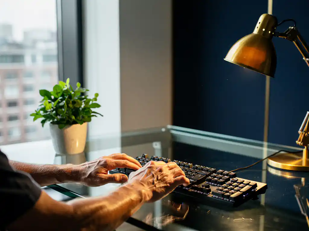 Senior developer's hands resting on a mechanical keyboard beside a small green plant, warm amber lamp casting soft shadows on a glass desk.