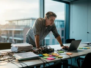 Senior developer reviewing legacy code printouts on a cluttered desk beside a modern laptop in a sunlit Amsterdam office.