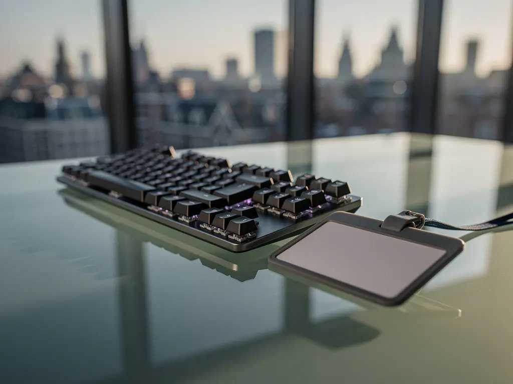Mechanical keyboard and onboarding badge on a glass desk with Amsterdam skyline reflected in morning light.